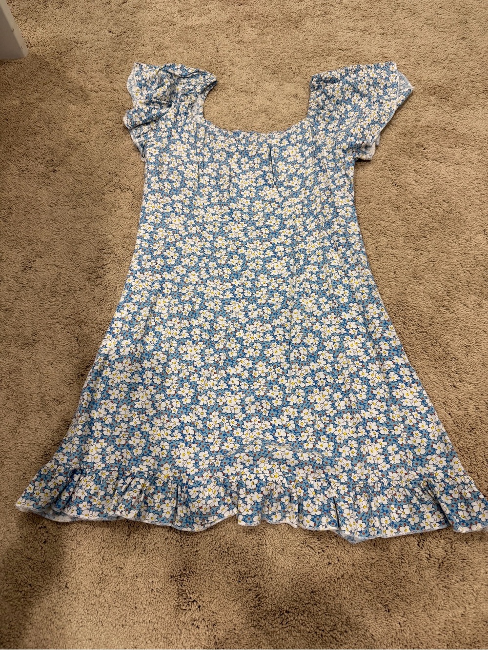 SHEIN Blue & White Floral Babydoll Dress with Ruffles, Size XS